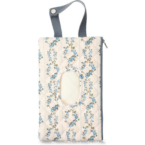 1 Pcs Quilted Diaper and Wipes Pouch Portable Hanging Floral Wet Wipe Bag Diaper Bag Reusable Wipes Pouch for for Stroller Car Travel Infant Diapering Organizer (Blue)