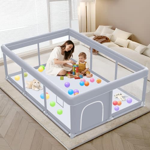 XVISHX Baby Playpen 74 x 50 Inch Play Pen Playards, Playpen for Babies and Toddlers, Baby Playard for Indoor & Outdoor Active Center Game Fence, with Skin-Friendly Fabric and Soft Breathable Mesh Grey