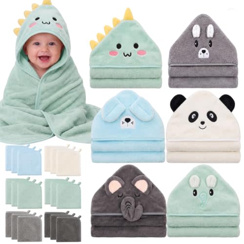 Tegeme 24 Pcs Large Hooded Baby Towel with Washcloths,Zoo Animals | Ultra Absorbent, Toddler, 6 Bath Towel, 18 Washcloths 10inch, Coral Fleece, Newborn, Infant, Boy, Girl, Baby Shower, Birthday