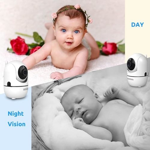 HelloBaby Upgrade 5’’ Baby Monitor with 30-Hour Battery, 2 Cameras Pan-Tilt-Zoom, No WiFi 1000ft Range Video Audio Baby Monitor, VOX, Night Vision, 2-Way Talk, Portable Travel, 8 Lullabies and Temp