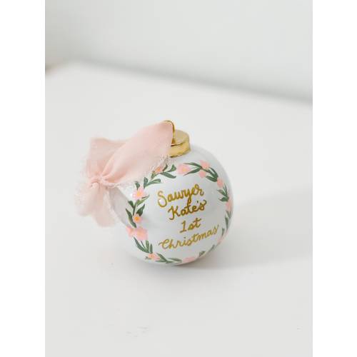 Baby's First Christmas Custom Ceramic Christmas Ornament - Hand Painted Pink and Blue Floral Wreath Newborn Gift Holidays Tree 2021