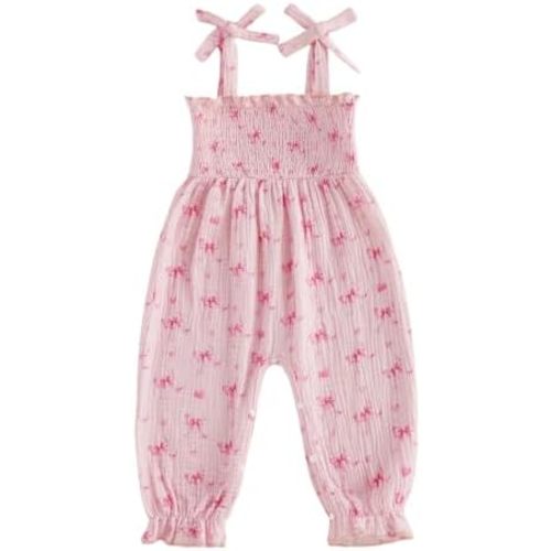 Baby Girl Summer Clothes Ruffled Sleeveless Jumpsuit Tank Smocked Bubble Romper Floral Print Tie-Up Straps Jumpsuit