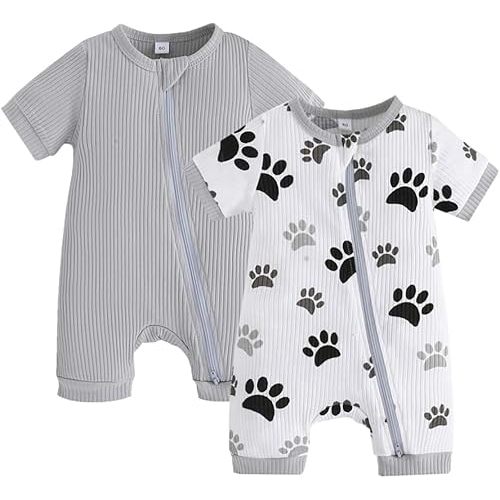 Bafeicao Unisex Baby Boy Girl 2 Pack Rompers Short Sleeve 2 Way Zipper One Piece Jumpsuits Clothes Sets