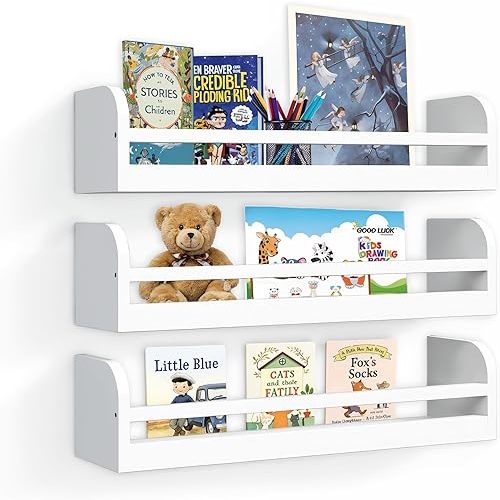 Floating Nursery Book Shelves, 16.5 inch Wall Book Shelves Kids Room, Set of 3 Baby Shelves for Nursery Décor, Ideal Wooden Nursery Shelves for Teens Kids Room, Bedroom Bathroom and Kitchen (White)