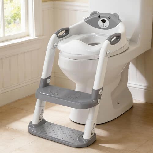 Potty Training Seat, SKYROKU Potty Training Toilet with Step Stool Ladder, Comfortable Safe Potty Seat with Anti-Slip Pads Ladder (8838+Grey)