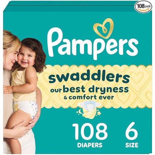 Pampers Swaddlers Diapers, Size 6 (23-44 lbs), 108 Count, Absorbent, Keeps Baby Dry and Comfortable, Skin Safe Disposable Baby Diaper (Packaging May Vary)
