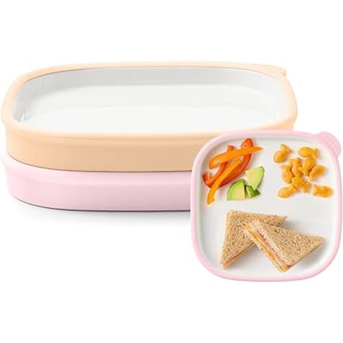 Ello Clean Start Toddler Everything Plate 2 Pack | BPA-Free Ceramic Plates with Silicone Sleeve for Babies/Toddlers | Microwave/Dishwasher Safe, Plastic-Free, High Chair Friendly, Quiet Tide/Tech Blue