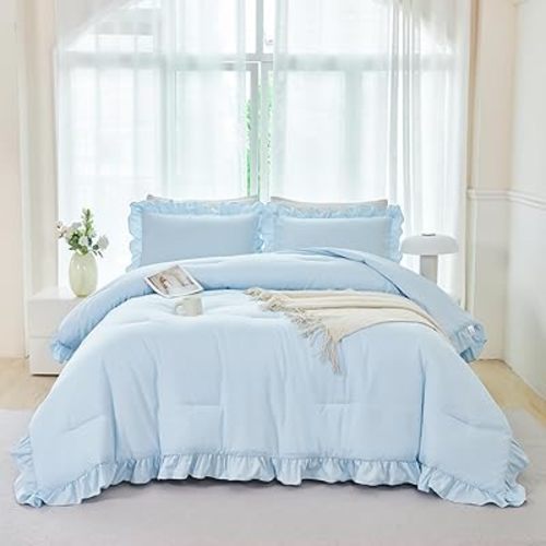 ANGIYUIN Light Blue Ruffle Comforter Set Twin Size 5 Pieces Ruffled Farmhouse Bed in A Bag Solid Boho Bedding Comforter Sets Soft Fluffy Bed Sets for Kids(Light Blue Twin)