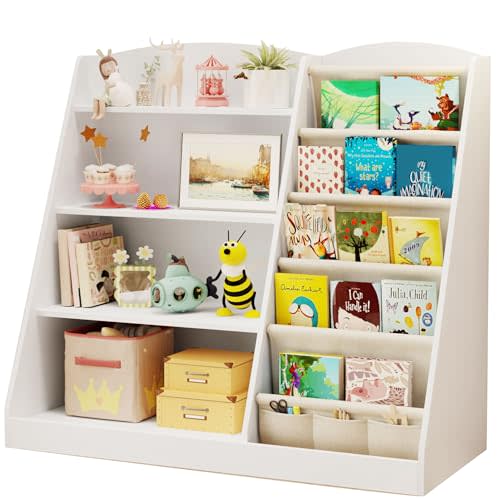 Kids Bookshelf and Toy Storage Organizer 4 Tier Wooden Kids Book Shelf with Sling Book,Baby walking bookshelf,book display shelf for Nursery Playroom, children's room kindergarten, classroom,library