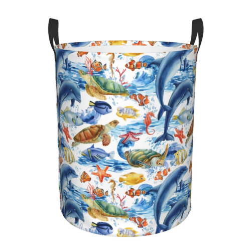 Large Laundry Basket with Handles - Marine Animals Baby Kids Dirty Clothes Laundry Hamper