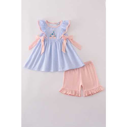 Abby & Evie Girl's Pink Blue Seersucker Princess Castle Embroidered Embroidery Two Piece Short Set Outfit Summer Vacation Sibling Matching