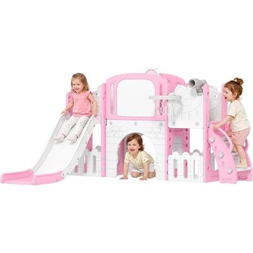 Qaba Toddler Slide, 7 in 1 Kids Slide with Climber, Basketball Hoop, Telescope, Drawing Board, Storage Box, Indoor Outdoor Playground, Gifts for Boys Girls Ages 1-3, Pink