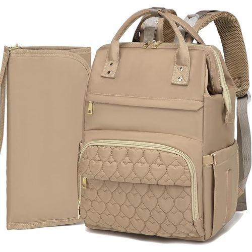 Diaper Bag Backpack with Portable Changing Pad, Waterproof Baby Diaper Bag with Insulated Pockets and Stroller Straps for Boys Girls, Large Travel Diaper Backpacks Tote Bag for Mom, Khaki