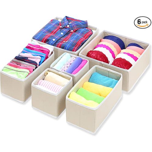Simple Houseware Foldable Cloth Storage Box Closet Dresser Drawer Divider Organizer Basket Bins for Underwear Bras, Beige (Set of 6) - 2L / 2M / 2S