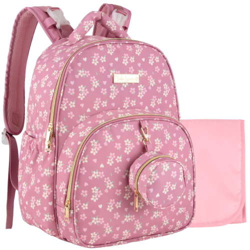 Baby Essentials Diaper Bag Backpack for Newborns, Infants, Toddlers (Matching Changing Pad, Pacifier Pouch, Insulated Bottle Pockets, Stroller Straps) Pink Floral