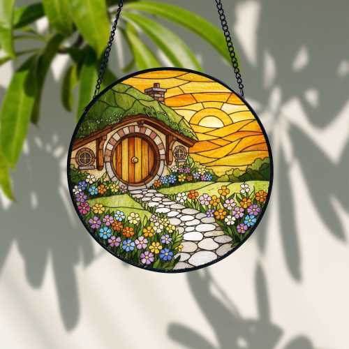 LORT Hobbit House Window Hanging Suncatcher, Cottage Garden Glass Ornament, Round Window Decor, Cozy Home Gift, Fairy Tale Cottage Glass Art
