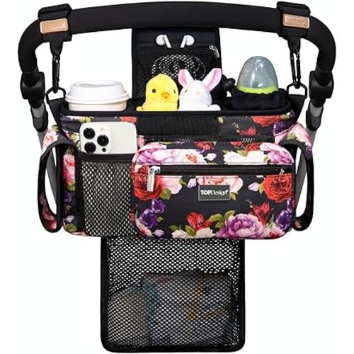 TOPDesign Universal Baby Stroller Organizer, Stroller Caddy with Detachable Mesh Bag & Heightened Insulated Cup Holders & Non-Slip Secure Hooks Accessories, Fits Most Strollers (Ranunculus)