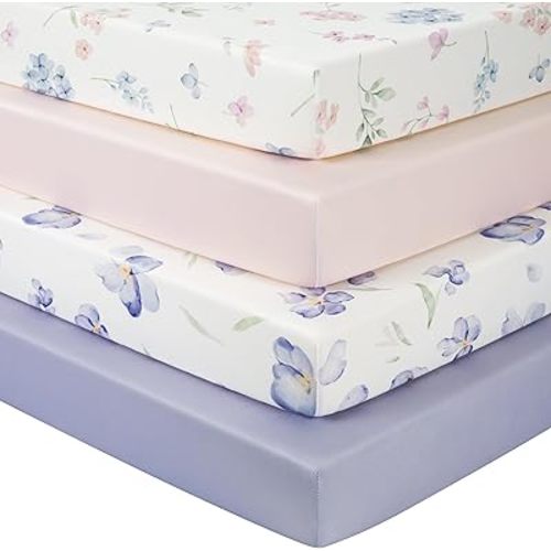 Baby Crib Sheets Girl, Toddler Bed Sheets Fitted for 52”x28”Standard Crib and Toddler Mattresses, 4 Pack Soft Breathable Stretchy Pink Purple Floral