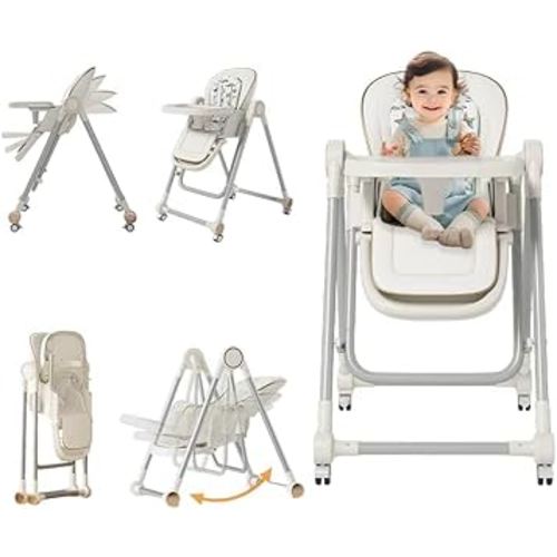 Baby High Chair,High Chairs for Babies and Toddlers,Adjustable 2-in-1 Baby High Chair,Portable Highchair for 1+ Years/Detachable PU Cushion/Locking Wheels KKK