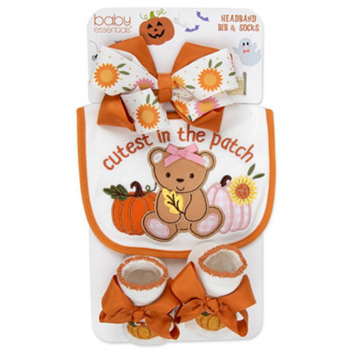 Cutest in the Patch Pumpkin Bow 3-Piece Bib, Socks and Headband Set