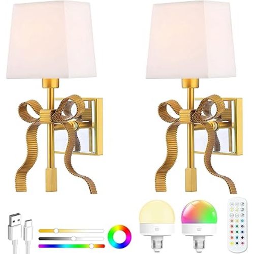 Battery Operated Wall Sconces Set of 2, Gold Wireless Bow Wall Light with 5200mAh Dimmable Bulbs & Remote, 15 Colors Rechargeable Brass Wall Sconce for Bedroom Living Room Hallway Decor