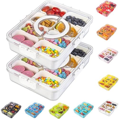 Patent Design Ribbed Snackle Box Container Snack Container Divided Serving Tray with Lid and Handle, 8 Divider Portable Snacklebox for Travel Beach for Charcuterie Veggie Fruit 2 Pack