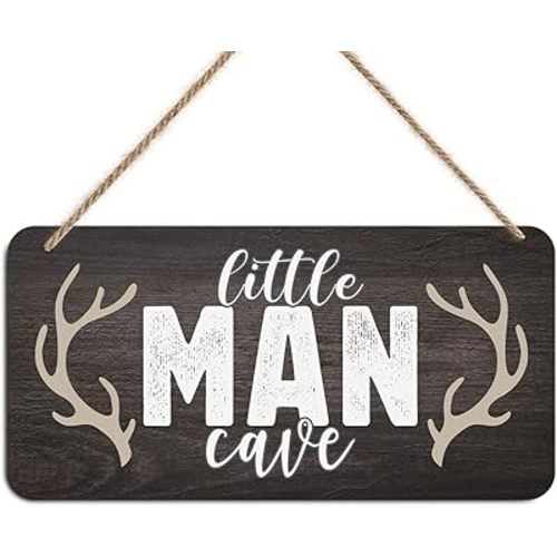Little Man Cave Sign Door Wall Art Decor, Vintage Little Man Cave Antlers Wooden Wall Decoration, Rustic Brown Hanging Sign for Bedroom Living Room Front Door