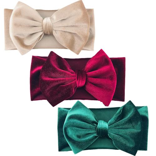 Hjiaruiky 3PCS Baby Girl Bows Baby Headbands Fall Velvet Bows for Baby Girls Newborn Handmade Elastic Hair Bows Headbands for Baby Infant Black Beige Pink (Beige+L-Green+Wine)