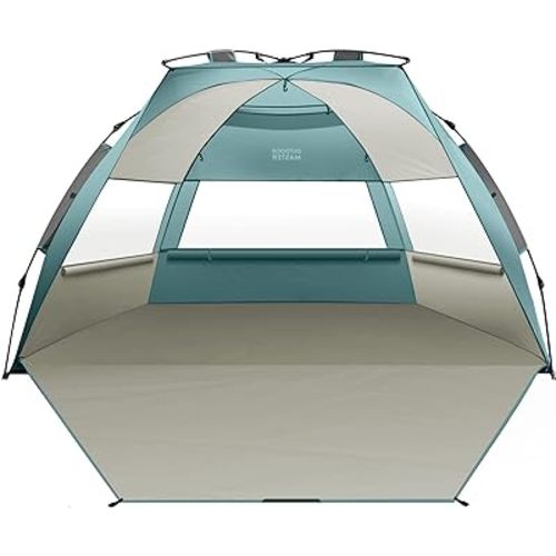 OutdoorMaster Beach Tent for 3-4 Person - Easy Setup and Portable Beach Shade Sun Shelter Canopy with UPF 50+ UV Protection Removable Skylight Family Size - Cancun Seashore - X-Large