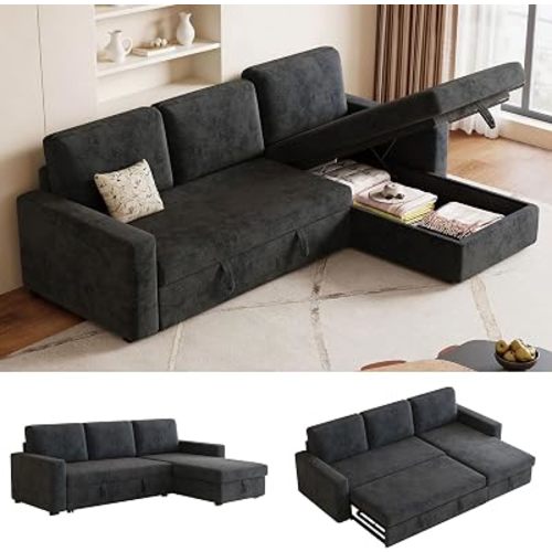 81" Convertible L-Shaped Pull Out Sectional Sleeper Sofa Bed, Dark Gray