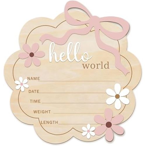 Baby Announcement Sign, Hello World Newborn Sign, Wooden Birth Announcement