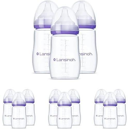 Lansinoh Anti-Colic Baby Bottles for Breastfeeding Babies, 8 Ounces, 3 Count, Includes 3 Medium Flow Nipples, Size M (Pack of 4)