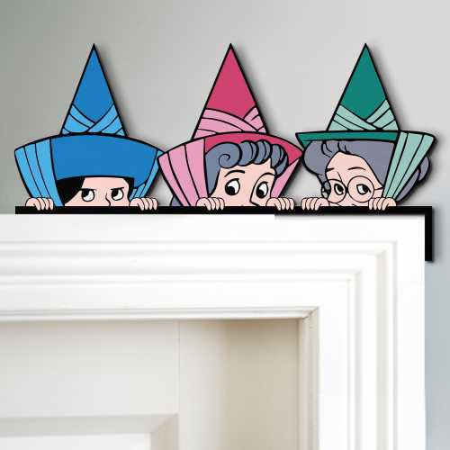 Cute Peekaboo Three Fairies Door Corner Sign, Disney Peeking Peeker Flora Fauna Merryweather Door Sign, Disney Sleeping Beauty Wall Decor