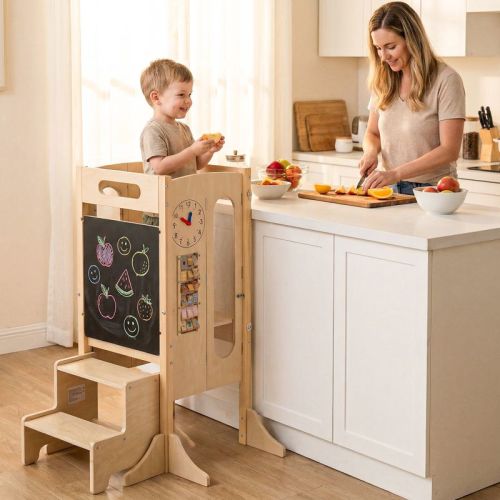 Costway Toddler Kitchen Step Stool w/Chalkboard Detachable Safety Net Montessori Games
