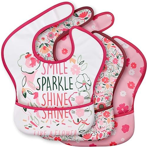 3-Pack Waterproof Baby Bibs for Eating - Mess Proof Lightweight Toddler Feeding Bibs with Large Food Catcher, Food-Grade Baby Eating Essentials, Easy to Put On & Clean(Pink Floral)