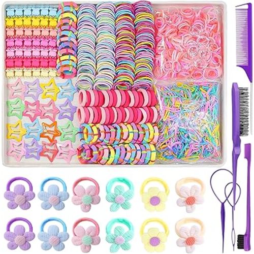889 pcs Cute Girls Hair Ties Set Colorful Elastic Hair Bands Toddler Hair Accessories for Girls with 12 pcs Flower Hair Ties