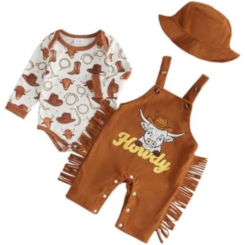 Western Baby Clothes Newborn Cowboy Romper Infant Corduroy Overalls Hat Set 6-12m