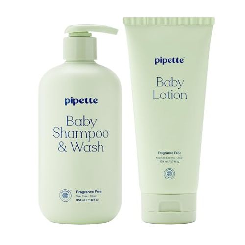 Pipette Fragrance Free Wash and Lotion Duo, Pack of 2, Fragrance Free Baby Shampoo and Body Wash, Unscented Lotion for Newborns, Sensitive Skin, and Kids, Tear-Free Bath Time, Hypoallergenic