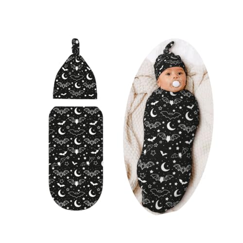 Lcokin Halloween Goth Baby Stuff Swaddle Blanket with Hat Set Bat Receiving Blanket for Boys Girls Shower Gift