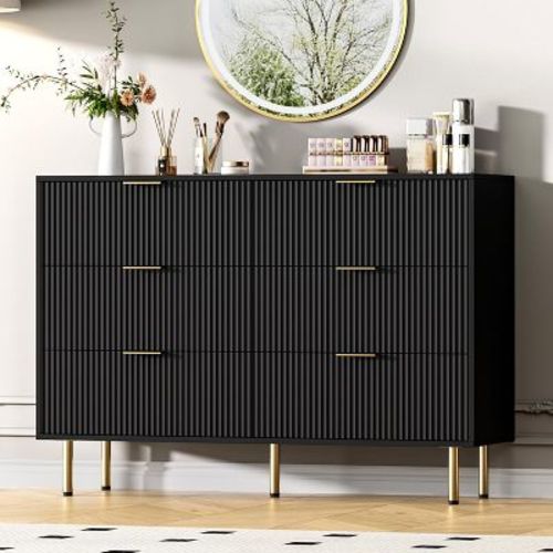 Modern Fluted 5/6/7 Drawer Dresser, Large Natural Wood Chest of Drawers with Gold Handles, Bedroom Storage Organizer, Stylish Dresser