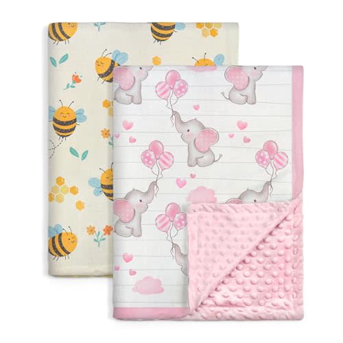 SANDJEST Minky Blanket 2 Pack with Dotted Back 30 x 40 Inches, Gift for Christmas Birthday (Bee, Elephant)