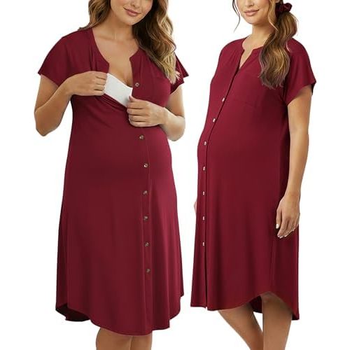 PATPAT Maternity Midi Dress, Button-Down Nursing Dress with Pockets for Baby Shower, Pregnancy & Postpartum