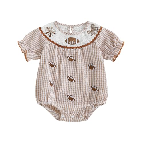 Newborn Infant Baby Girl Football Outfit Embroidered Smocked Bubble Romper | Newborn Baby Girl Football Outfit Rugby Bow Embroidery Smocked Bubble Romper Gingham/Striped Bodysuit Football Fall Clothes