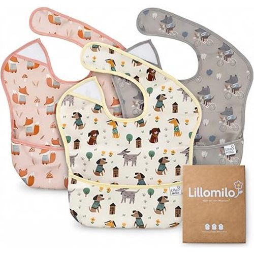 Baby Bibs 3-Pack – Waterproof Toddler Bibs with Large Food Catcher Pocket, Lightweight Adjustable, Easy to Clean, CPSIA Safety Tested, Cute Animal Design (White, Pink, Grey)