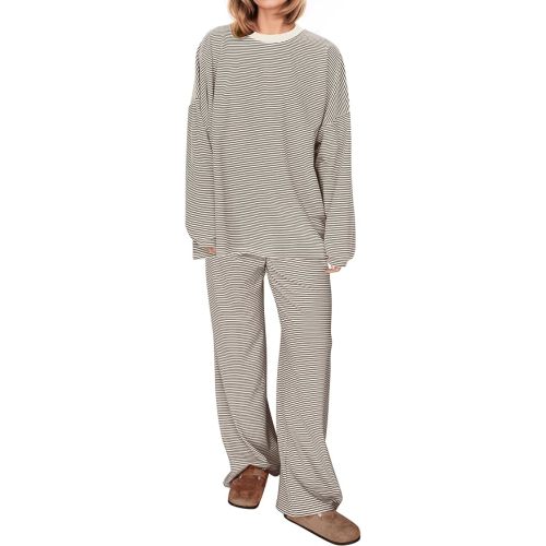 Women Striped 2 Piece Lounge Set Long Sleeve Oversized T Shirts Wide Leg Pants Matching Sets Casual Comfy Pajama Sets