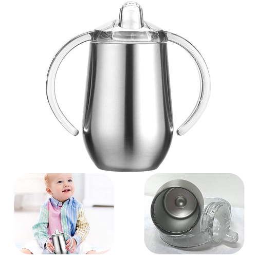 MesaSe Stainless Steel Sippy Cup, 10 Oz Double Wall Vacuum Insulated Sippy Tumble with Handle for Children Baby (Silver)