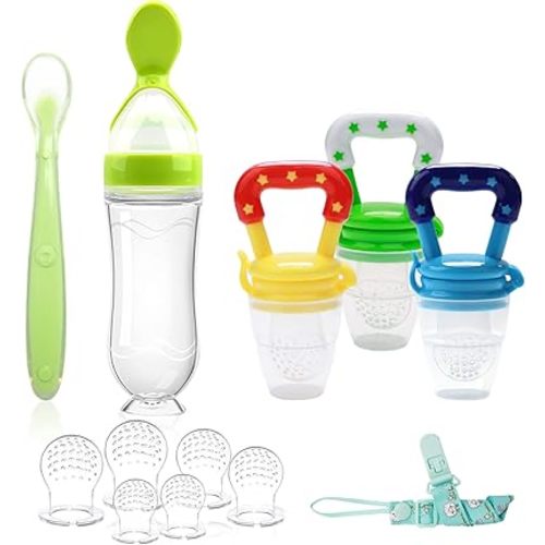 Food Feeder for Baby, Fruit Feeder Pacifier (3 Pcs) with 6 Different Sized Silicone Pacifiers 1 PCS Silicone Baby Food Dispensing Spoon 90ML with 1 PC Baby Spoons 1 PC Pacifier Clip Baby Feeding Set
