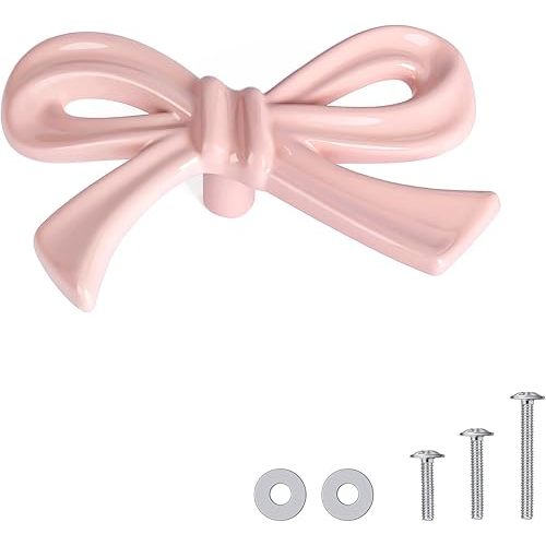 8 Pack Pink Bow Dresser Knobs, Small Decorative Cabinet Drawer Pull Handles for Girls Bedroom and Nursery Room Decor