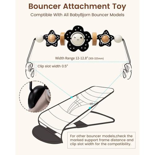 Baby Bouncer Toy Bar Wooden Compatible with Baby Bjorn Bouncer, Bouncer Toy Attachment Tight and Secure Fit, So Fun to Watch, Touch and Spin for Babies All Ages (Black and White Flower)