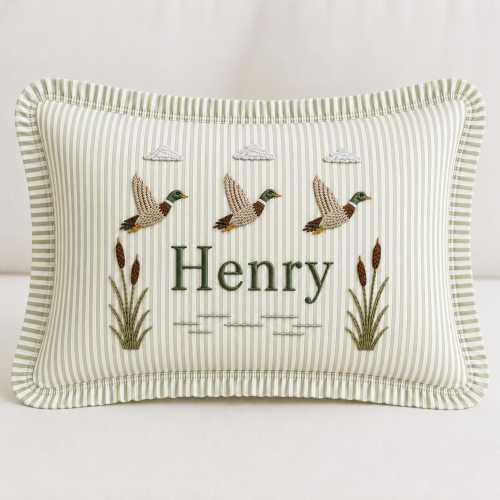 Personalized Embroidered Mallard Duck Striped Pillow Cover, Monogram Ruffle Pillow, Custom Pillow, Preppy Nursery Decor, Baby Shower Gift